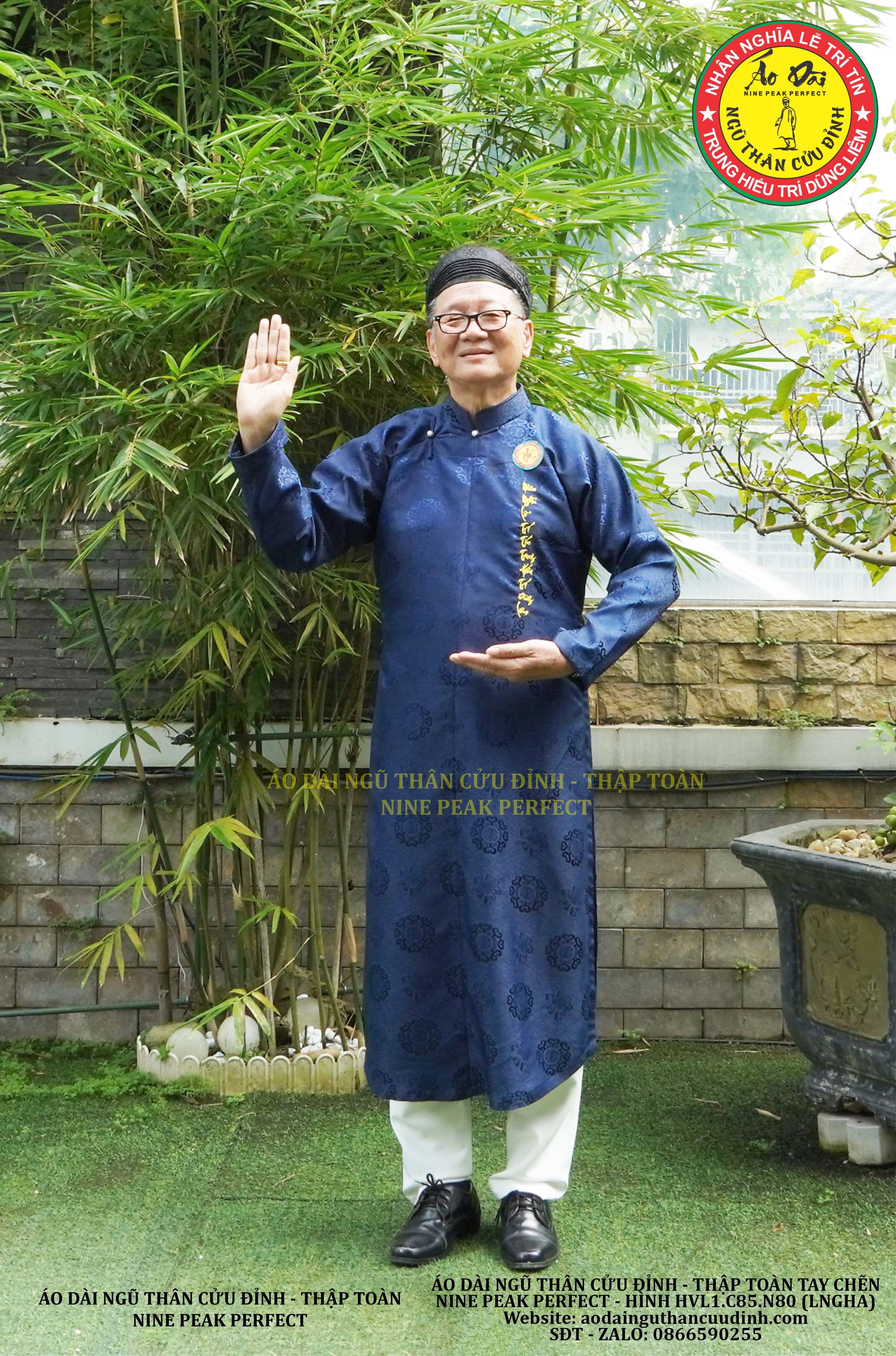 ÁO DÀI NGŨ THÂN CỬU ĐỈNH THẬP TOÀN TAY CHẼN - VẢI GẤM XANH THAN - HVL1