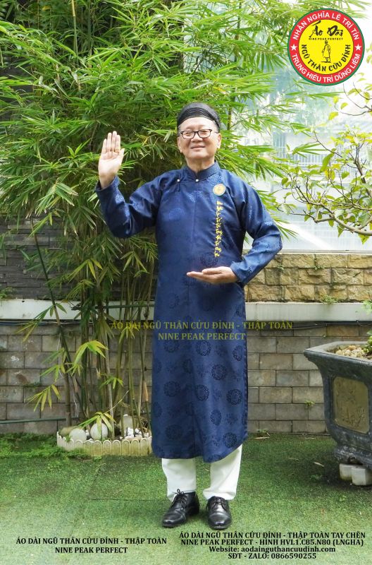 ÁO DÀI NGŨ THÂN CỬU ĐỈNH THẬP TOÀN TAY CHẼN - VẢI GẤM XANH THAN - HVL1